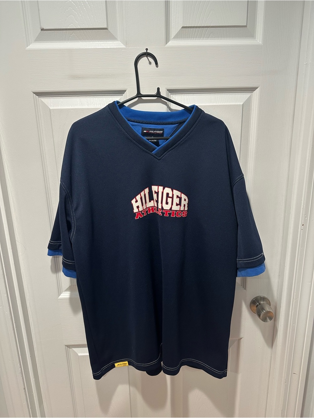 VTG Tommy Hilfiger Athletics Embroidered Mesh Jersey V-Neck Tee Men’s XL